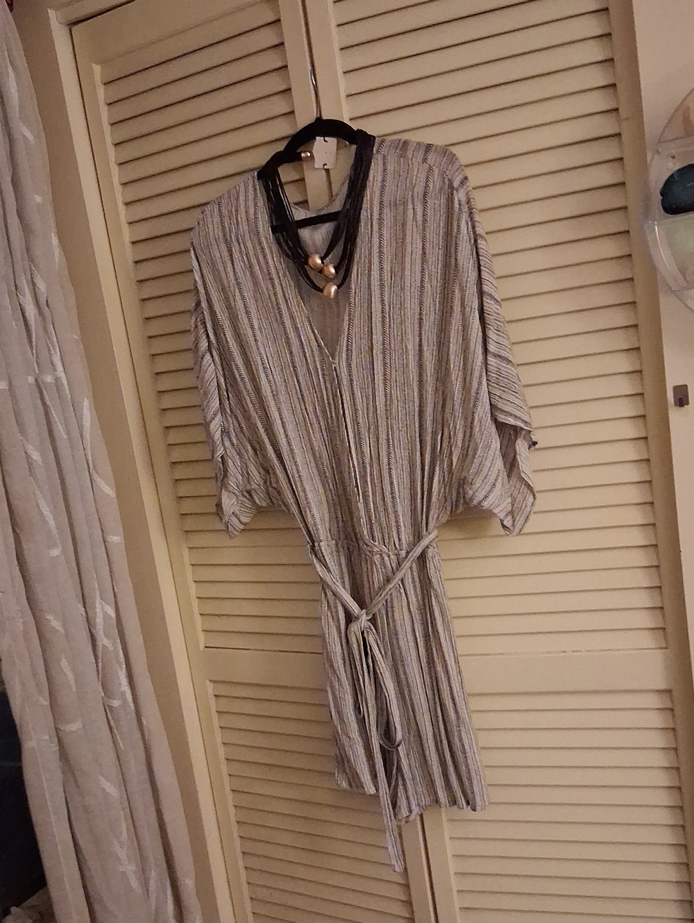 Striped V-Neck Tie-Waist Tunic Dress in Neutral Stripes